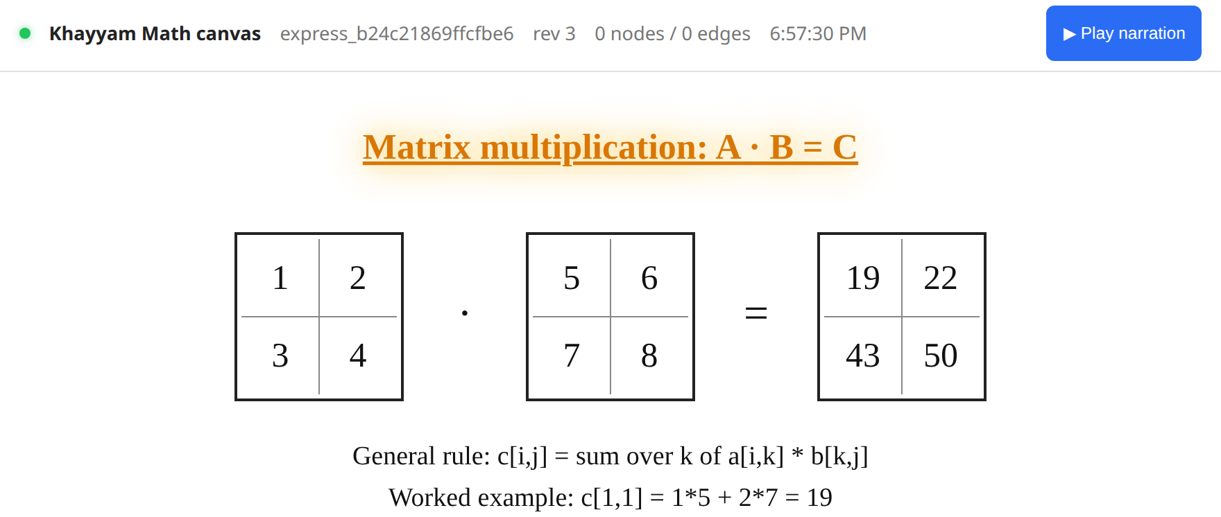 Matrix multiplication: A · B = C with worked example.